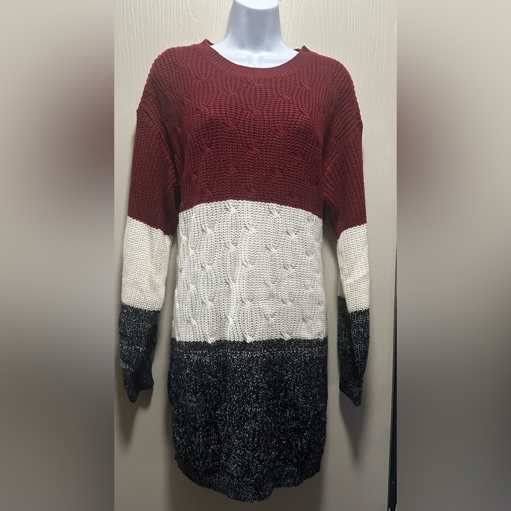 Shein Colorblock Cable Knit Sweater Dress Tunic M Burgundy White Black Cozy Chic